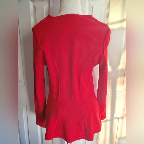 Escada Double Gold Zip Front Peplum Perforated Bodice Chevron Knit Sweater - Picture 9 of 15